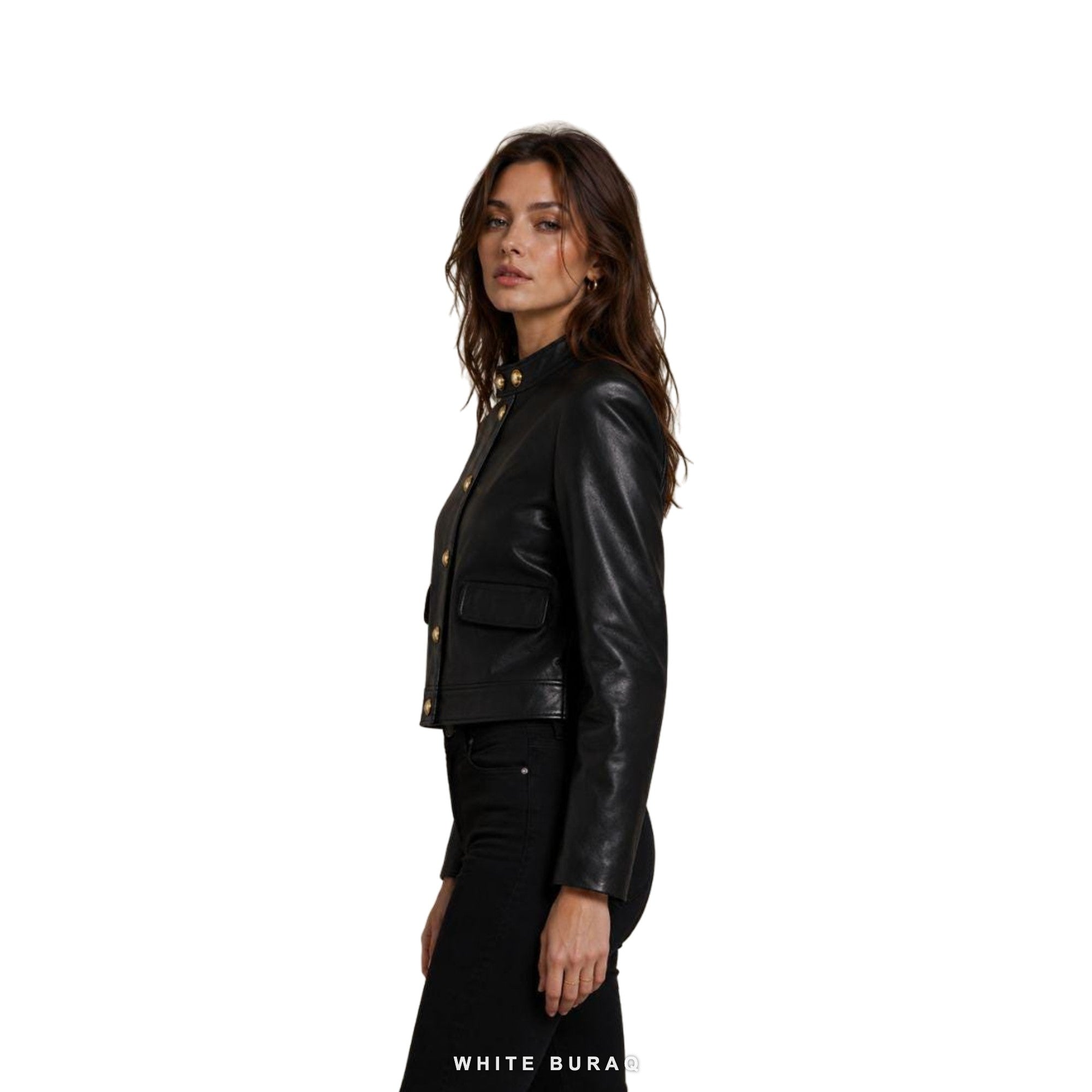 Women's Black Leather Cropped Military Jacket with Gold Buttons – view 3
