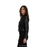 Women's Black Leather Cropped Military Jacket with Gold Buttons – view 3