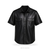 Men's Black Leather Short-Sleeve Shirt Jacket