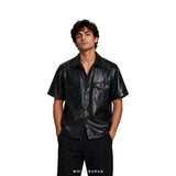 Men's Black Leather Short-Sleeve Shirt Jacket – view 2