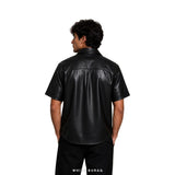 Men's Black Leather Short-Sleeve Shirt Jacket – view 3