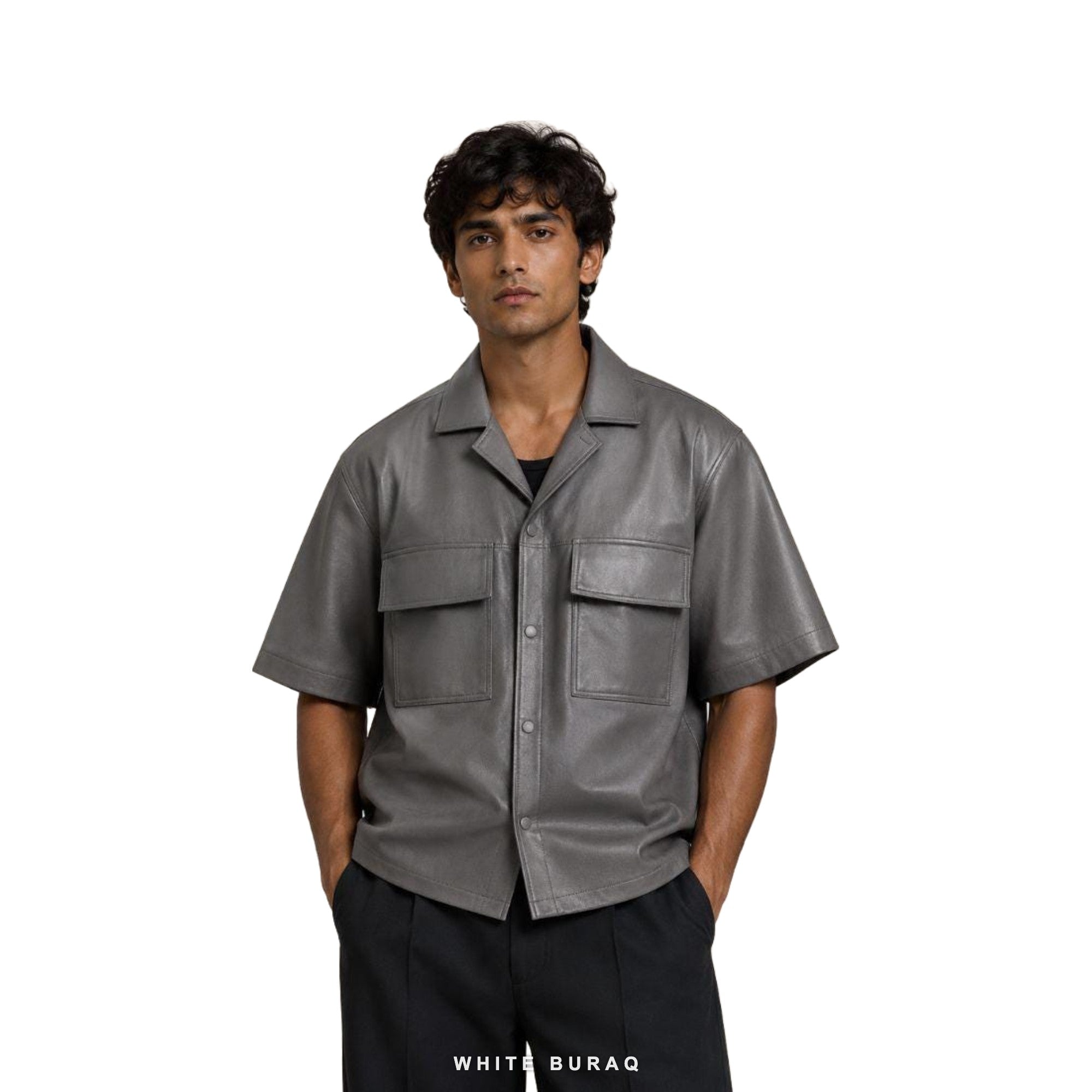 Men's Gray Leather Short-Sleeve Overshirt – view 2