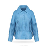 Women's Sky Blue Leather Western Fringe Jacket – view 2