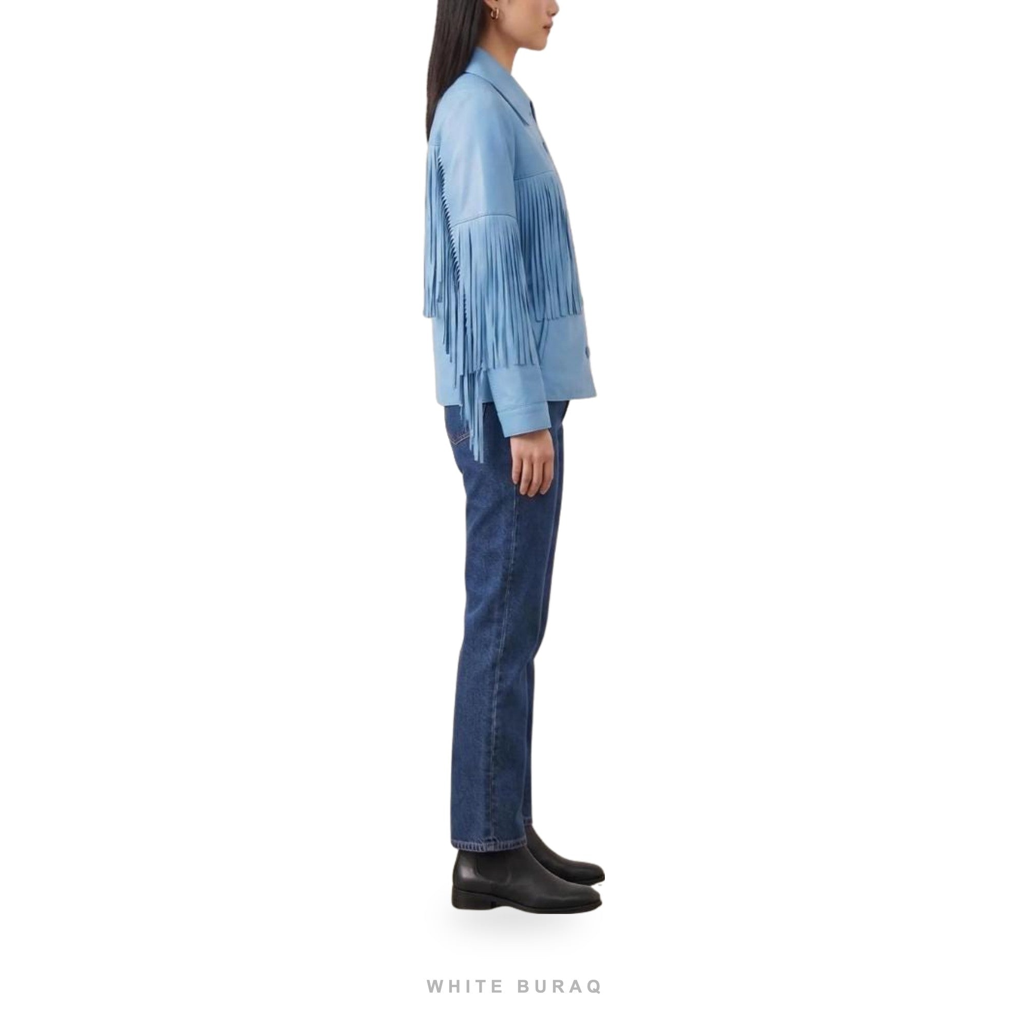 Women's Sky Blue Leather Western Fringe Jacket – view 3