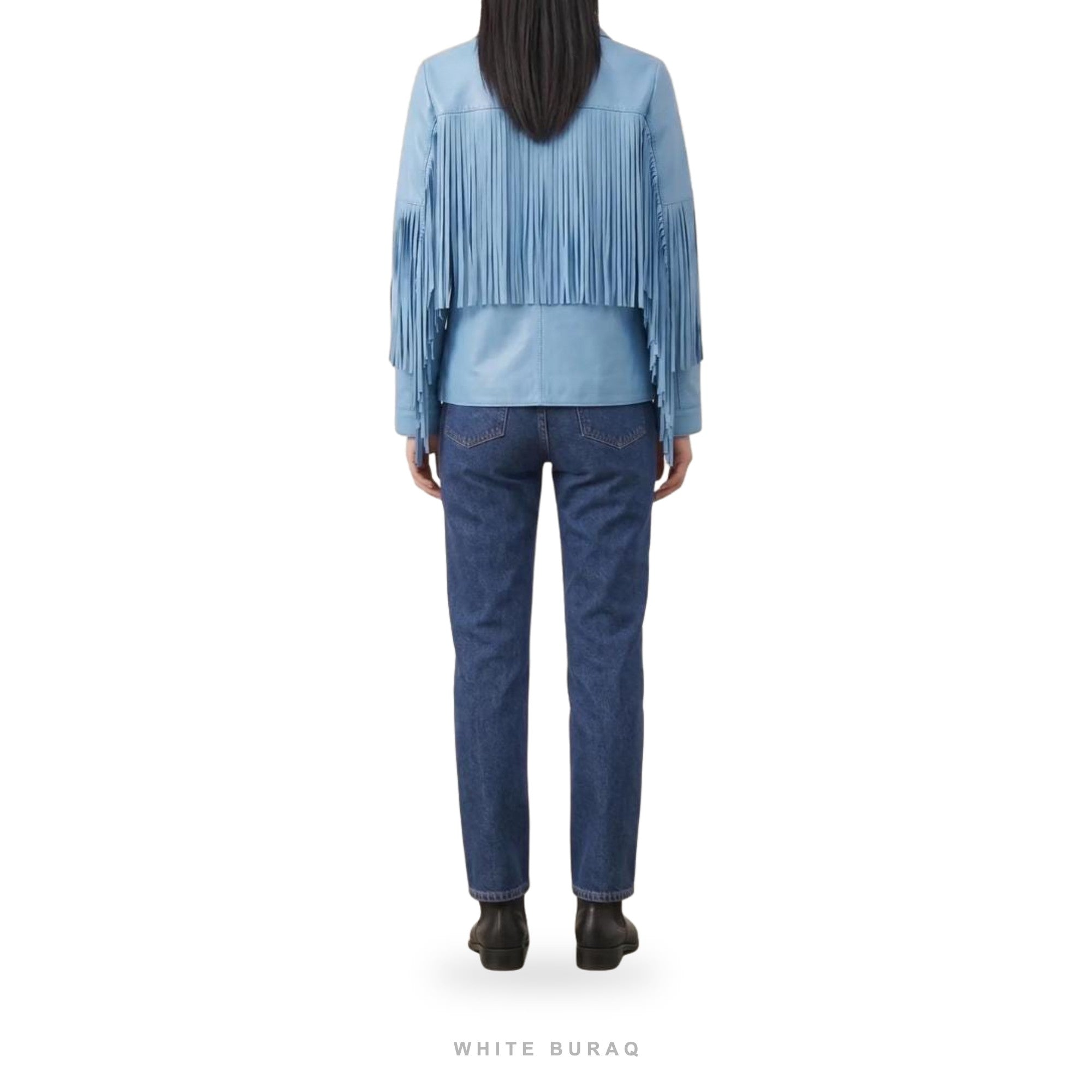 Women's Sky Blue Leather Western Fringe Jacket – view 4