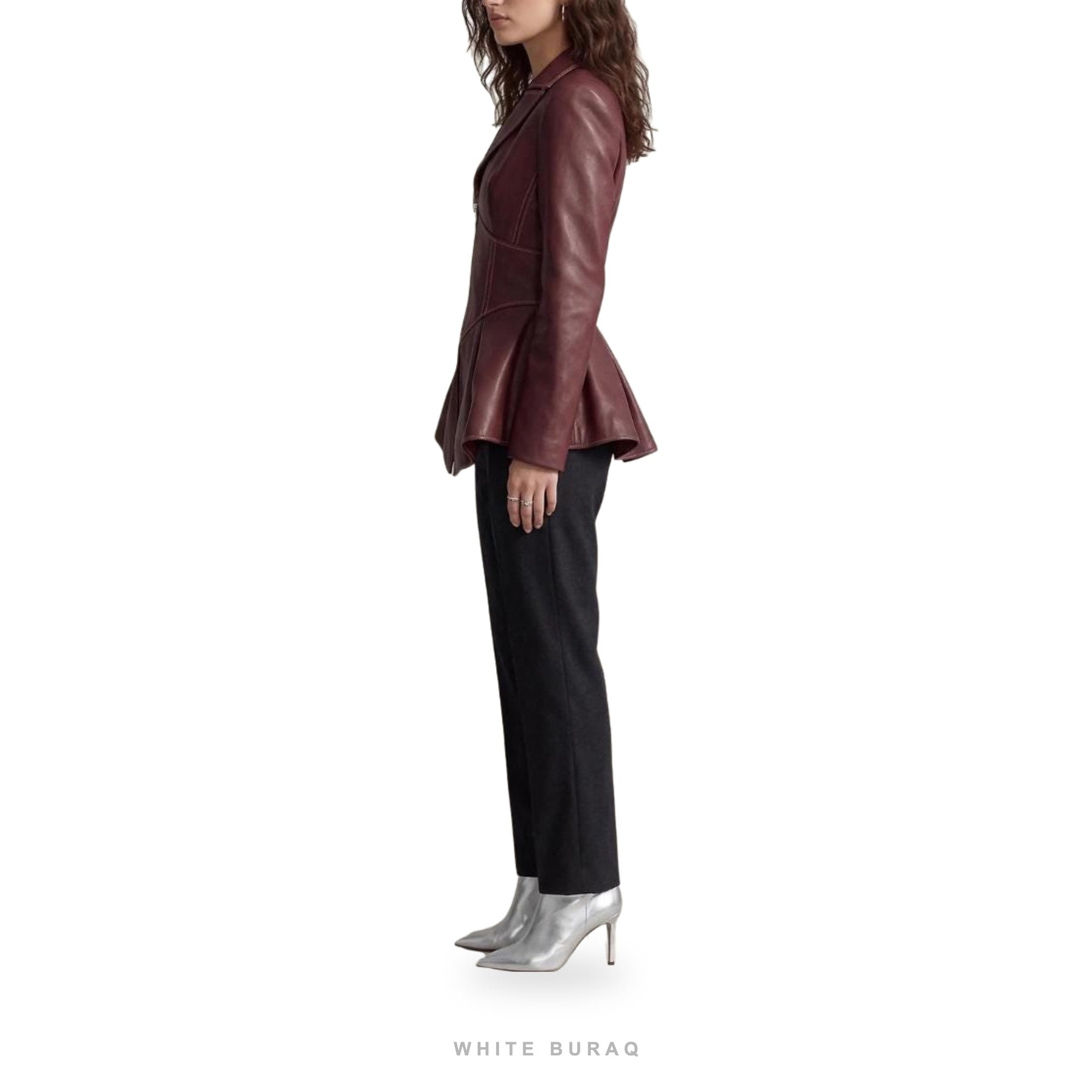 Women's Burgundy Sheepskin Leather Peplum Jacket – view 2