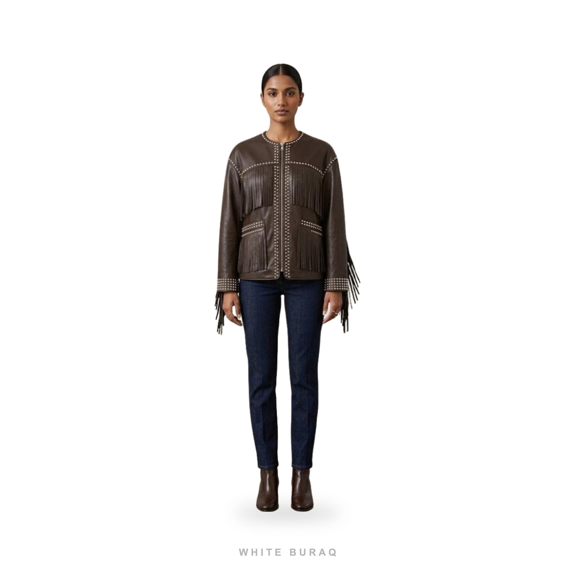 Women's Brown Leather Studded Fringe Western Jacket – view 2