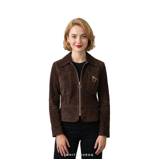 Women's Dark Brown Suede Cropped Utility Jacket