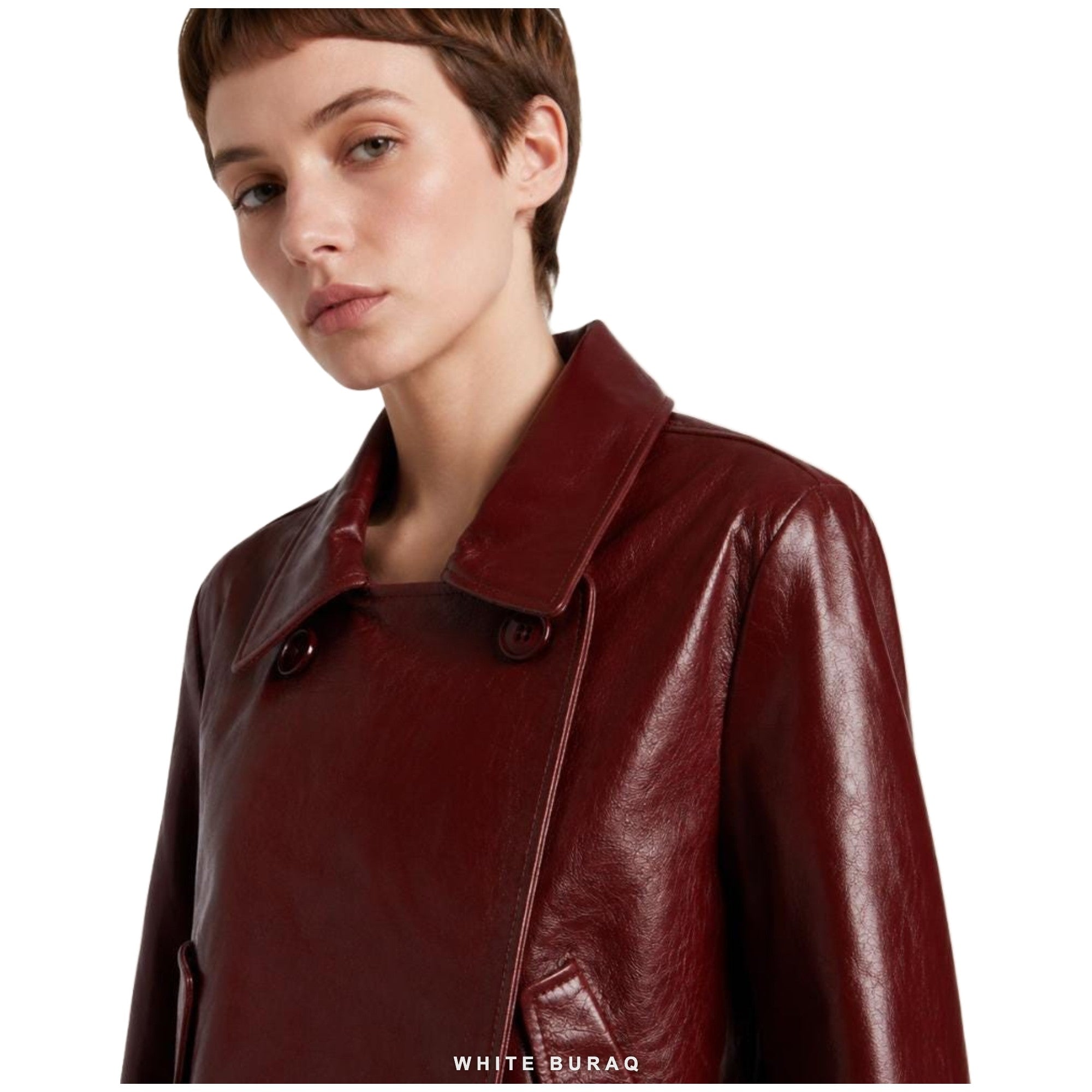 Women's Burgundy Wide-Lapel Cropped Leather Jacket – view 2