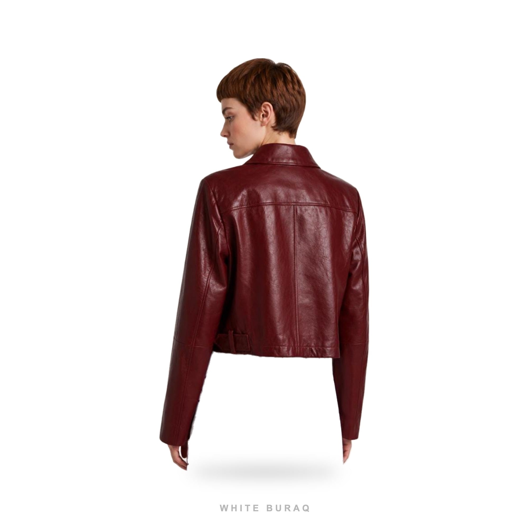 Women's Burgundy Wide-Lapel Cropped Leather Jacket – view 3