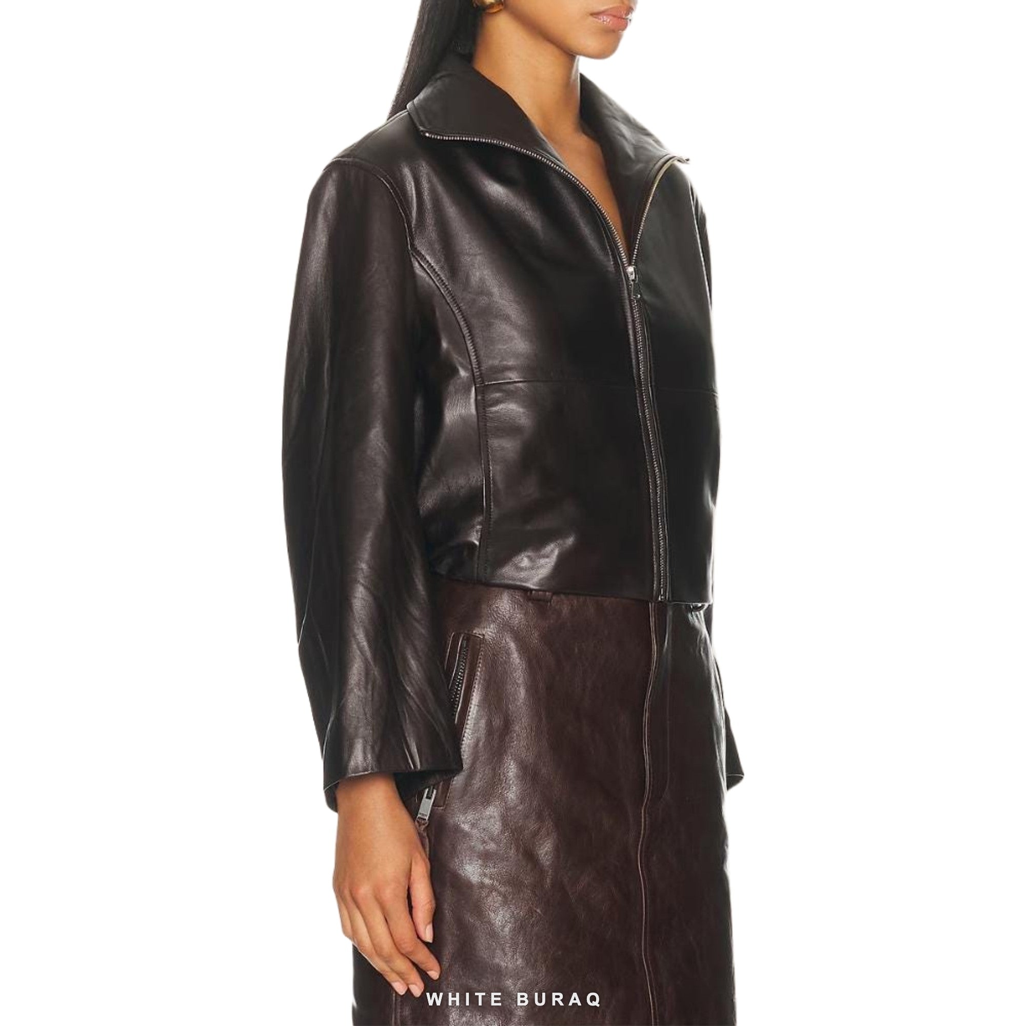 Women's Dark Brown Leather Fold-Collar Cropped Jacket – view 2