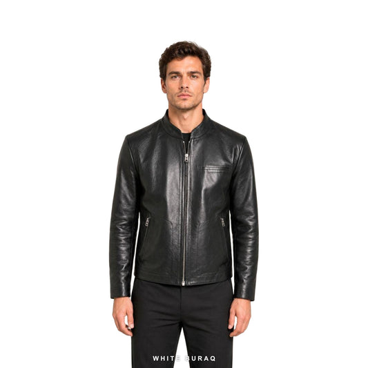 Men's Black Collarless Leather Zip Jacket