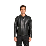 Men's Black Collarless Leather Zip Jacket