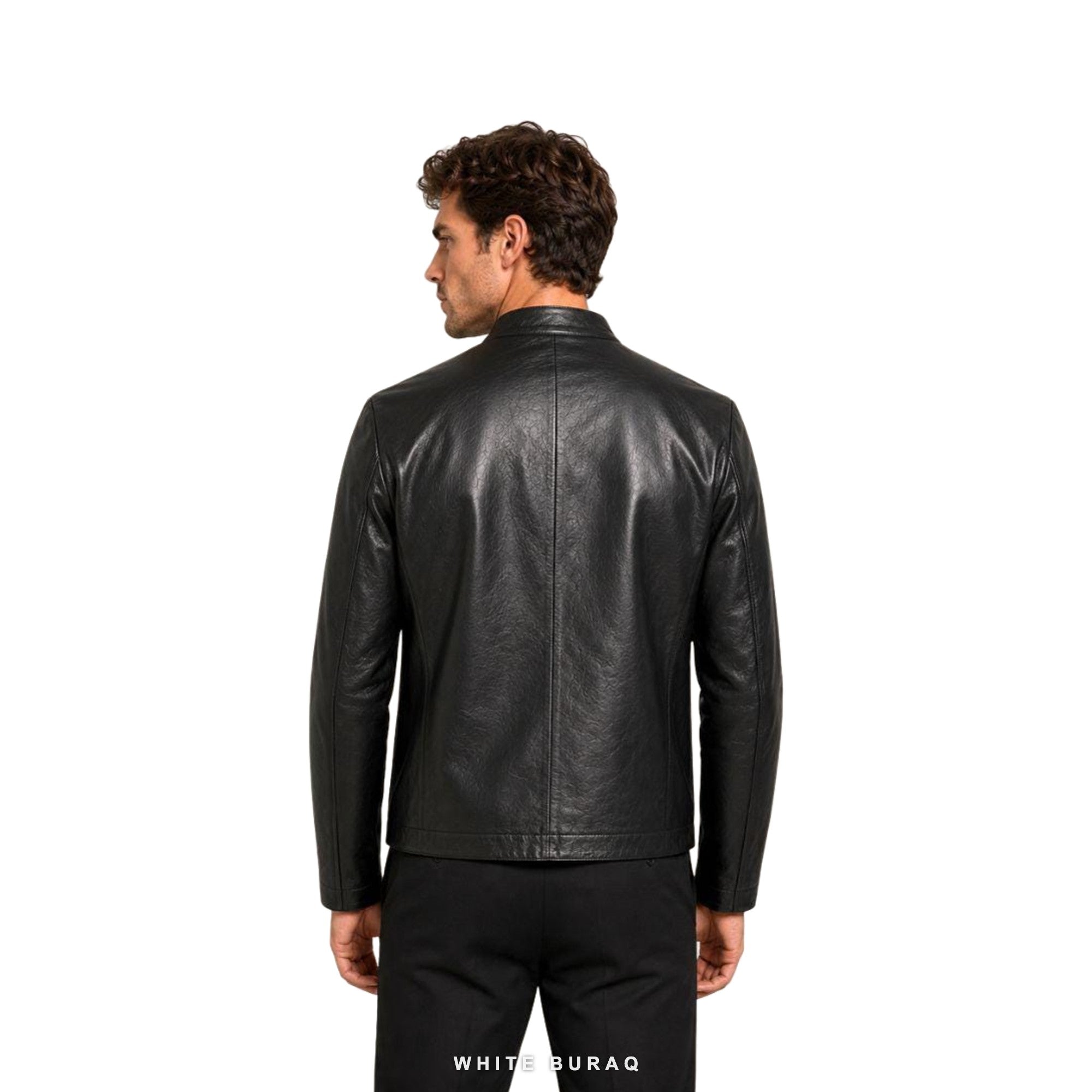 Men's Black Collarless Leather Zip Jacket – view 2