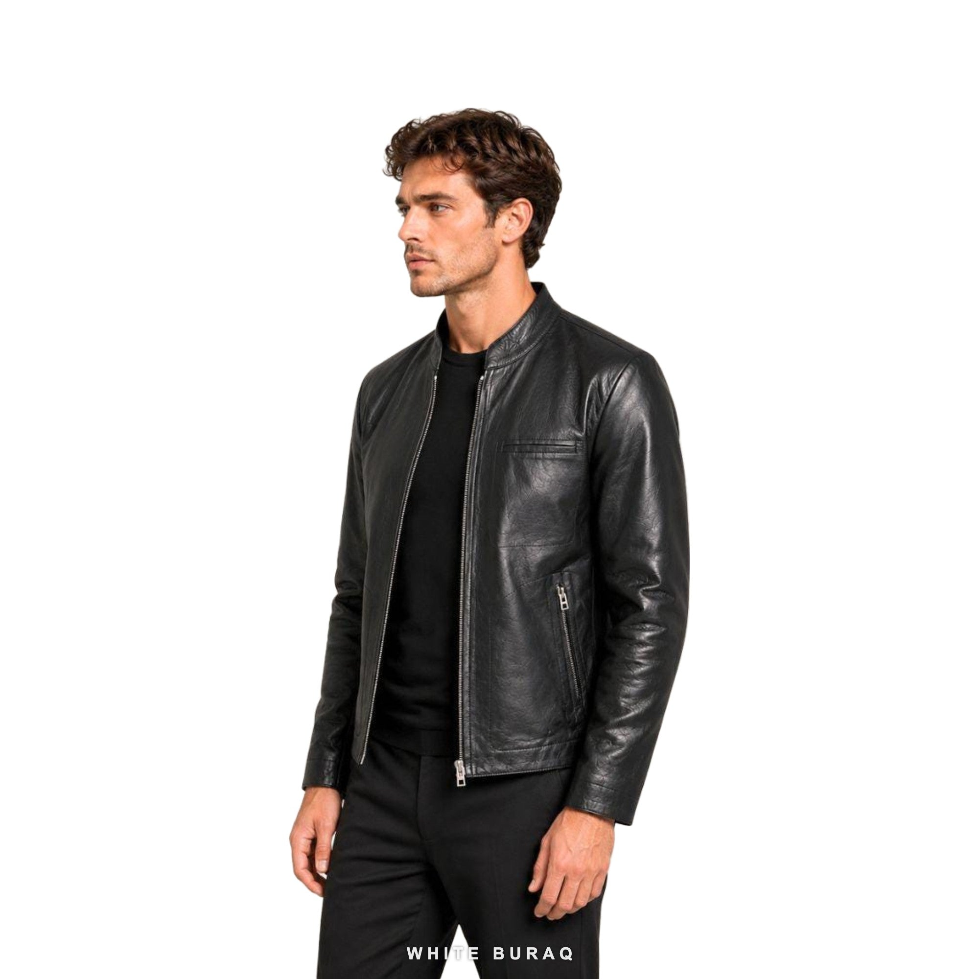 Men's Black Collarless Leather Zip Jacket – view 4