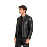 Men's Black Collarless Leather Zip Jacket – view 4
