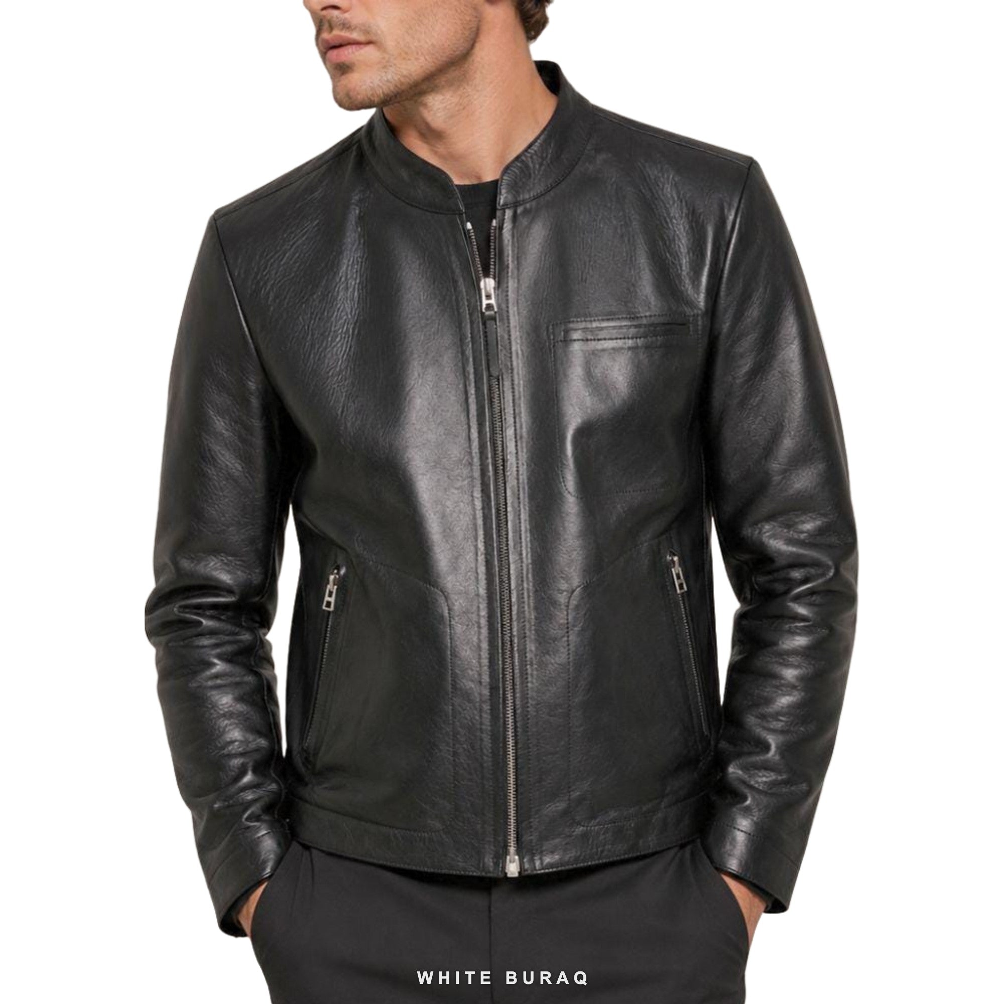 Men's Black Collarless Leather Zip Jacket – view 5