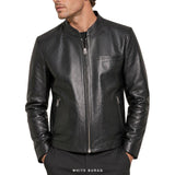 Men's Black Collarless Leather Zip Jacket – view 5