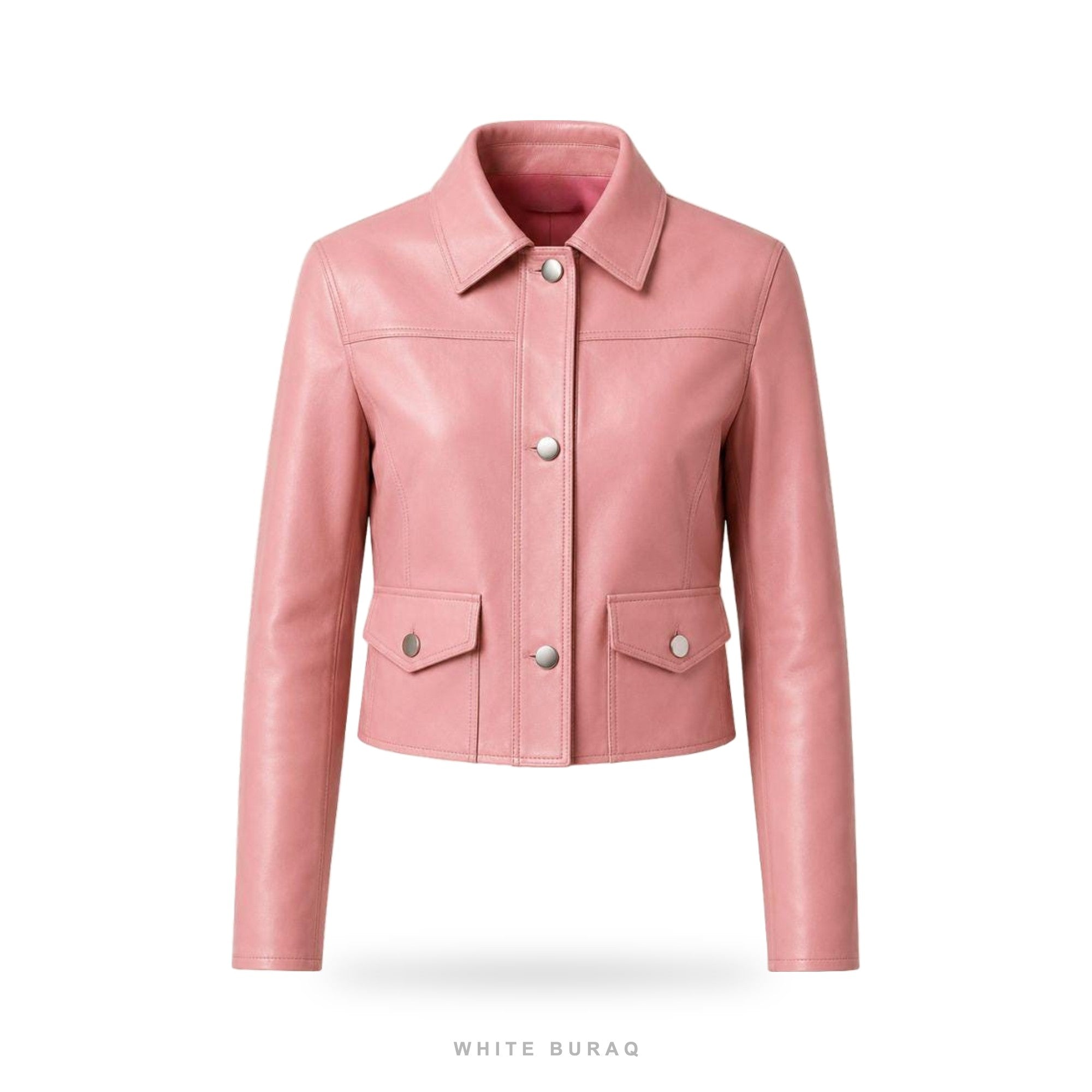 Women's Pink Leather Cropped Button-Down Jacket