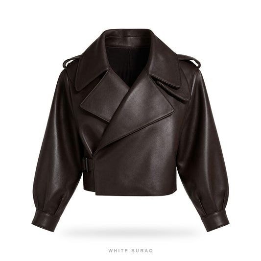 Women's Dark Brown Oversized-Lapel Cropped Biker Jacket