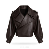 Women's Dark Brown Oversized-Lapel Cropped Biker Jacket
