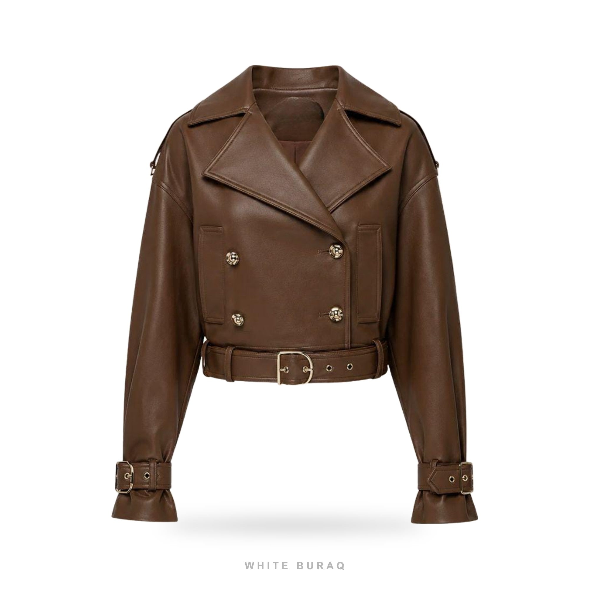 Women's Brown Double-Breasted Belted Biker Jacket