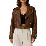 Women's Brown Double-Breasted Belted Biker Jacket – view 4