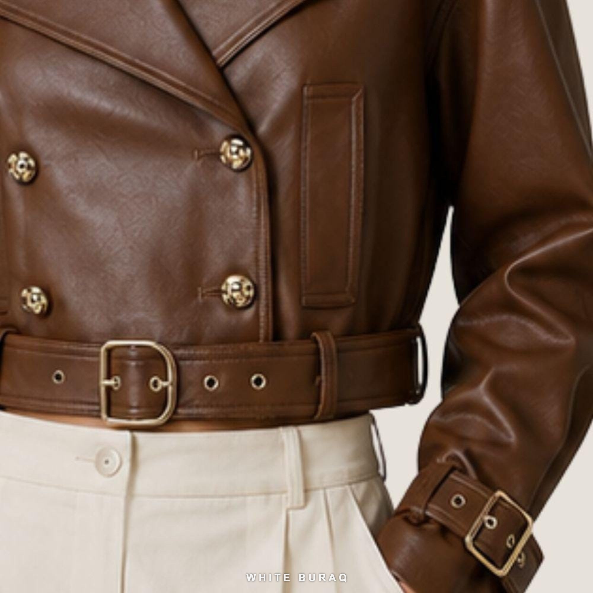 Women's Brown Double-Breasted Belted Biker Jacket – view 6