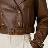 Women's Brown Double-Breasted Belted Biker Jacket – view 6
