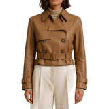 Women's Camel Double-Breasted Belted Biker Jacket