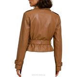 Women's Camel Double-Breasted Belted Biker Jacket – view 2