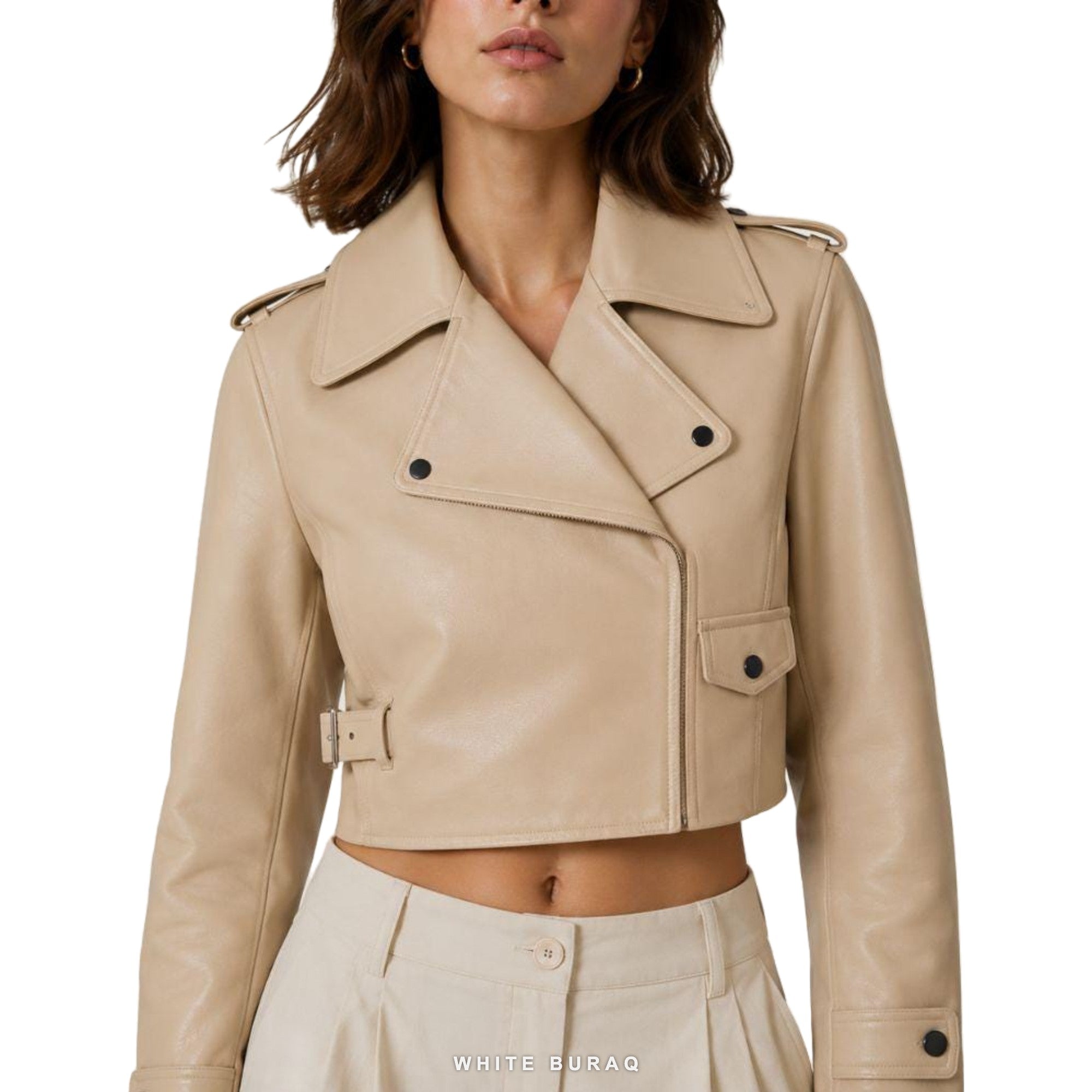 Women's Beige Cropped Leather Biker Jacket – view 2