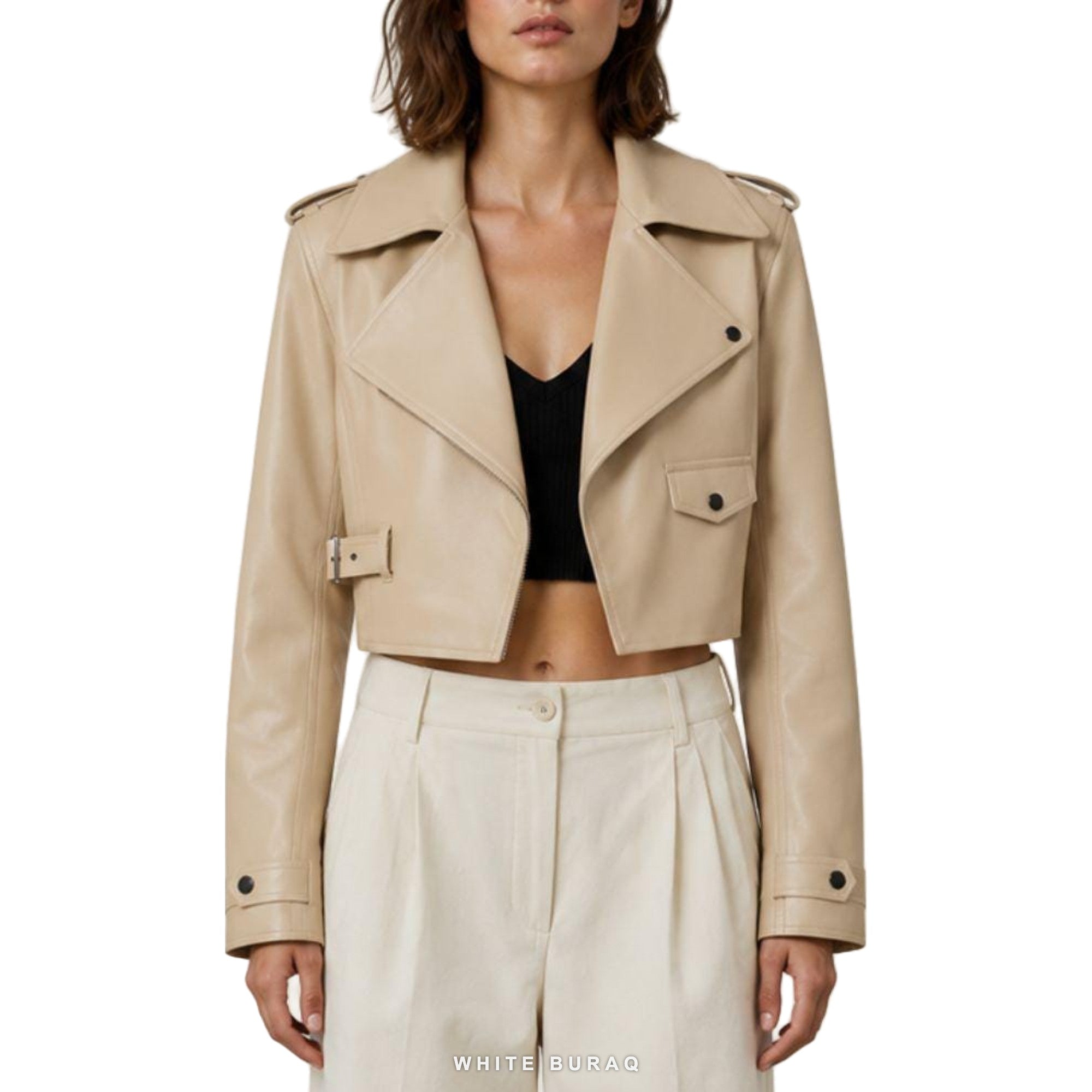 Women's Beige Cropped Leather Biker Jacket – view 4