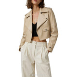 Women's Beige Cropped Leather Biker Jacket – view 5
