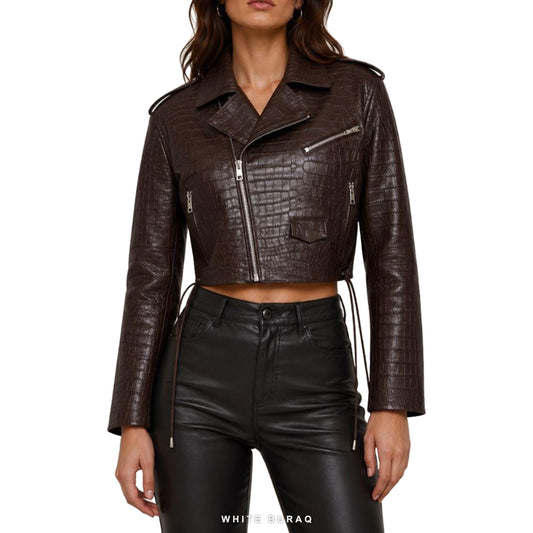 Women's Dark Brown Croc-Embossed Cropped Biker Jacket