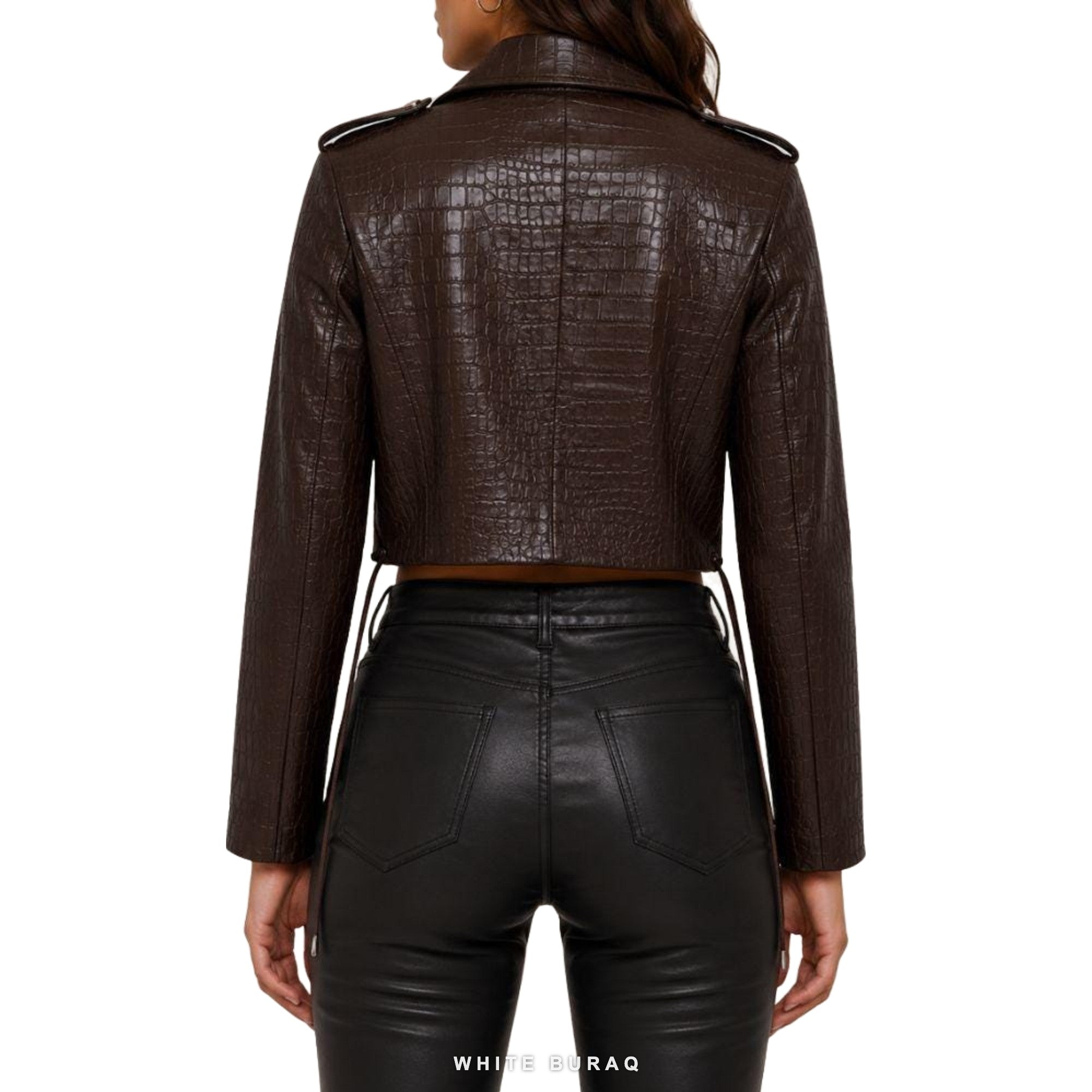Women's Dark Brown Croc-Embossed Cropped Biker Jacket – view 2