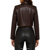 Women's Dark Brown Croc-Embossed Cropped Biker Jacket – view 2