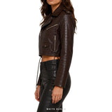 Women's Dark Brown Croc-Embossed Cropped Biker Jacket – view 3