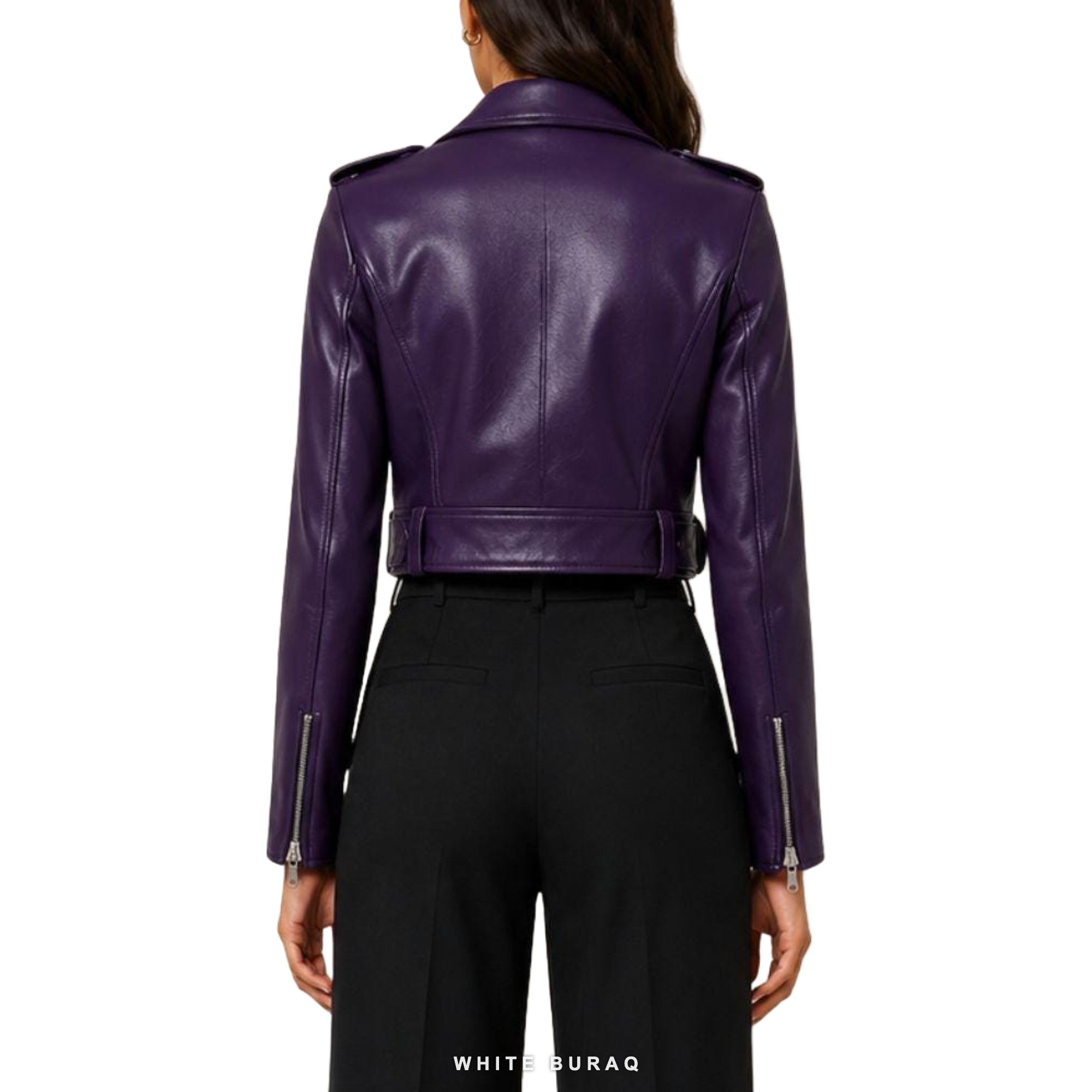 Women's Purple Sheepskin Cropped Biker Jacket – view 3