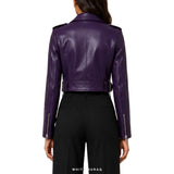 Women's Purple Sheepskin Cropped Biker Jacket – view 3