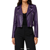 Women's Purple Sheepskin Cropped Biker Jacket – view 4