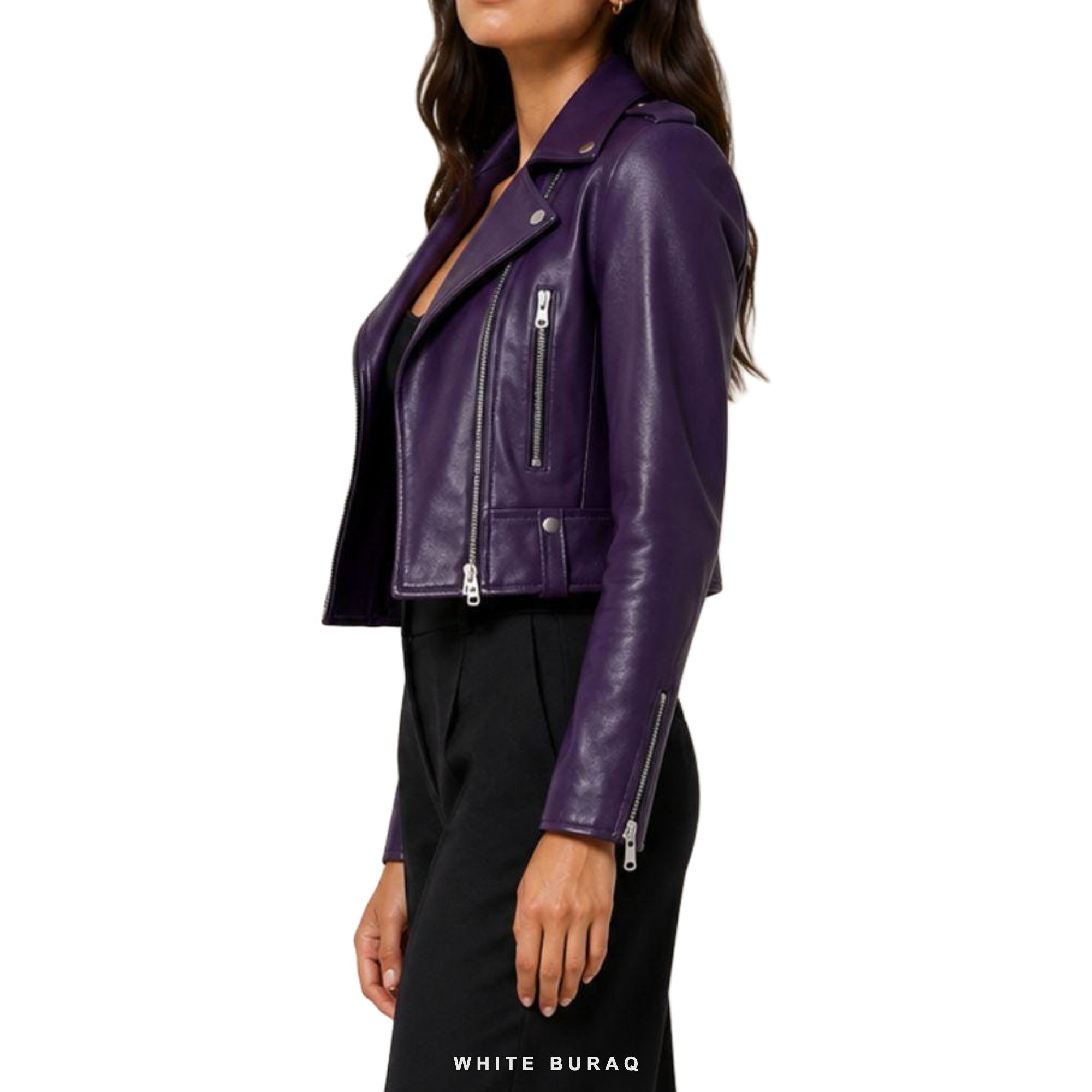 Women's Purple Sheepskin Cropped Biker Jacket – view 5