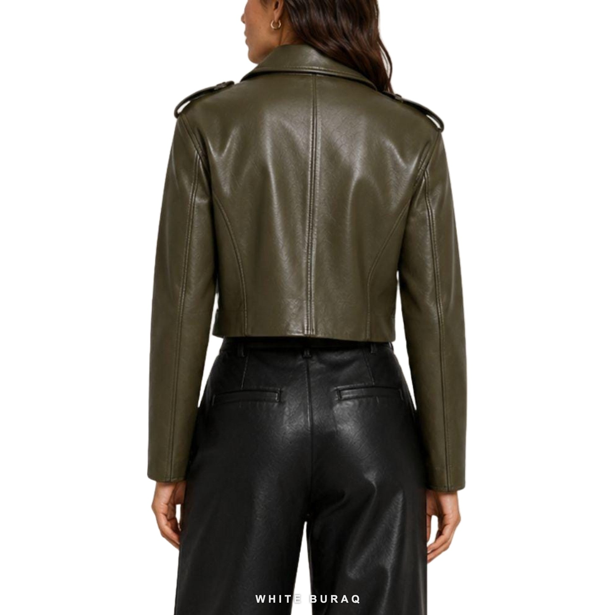 Women's Olive Green Cropped Sheepskin Biker Jacket – view 3