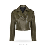 Women's Olive Green Cropped Sheepskin Biker Jacket – view 4