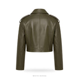 Women's Olive Green Cropped Sheepskin Biker Jacket – view 5