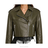 Women's Olive Green Cropped Sheepskin Biker Jacket – view 6