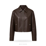 Women's Dark Brown Sheepskin Cropped Cafe Racer Jacket