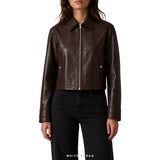 Women's Dark Brown Sheepskin Cropped Cafe Racer Jacket – view 2