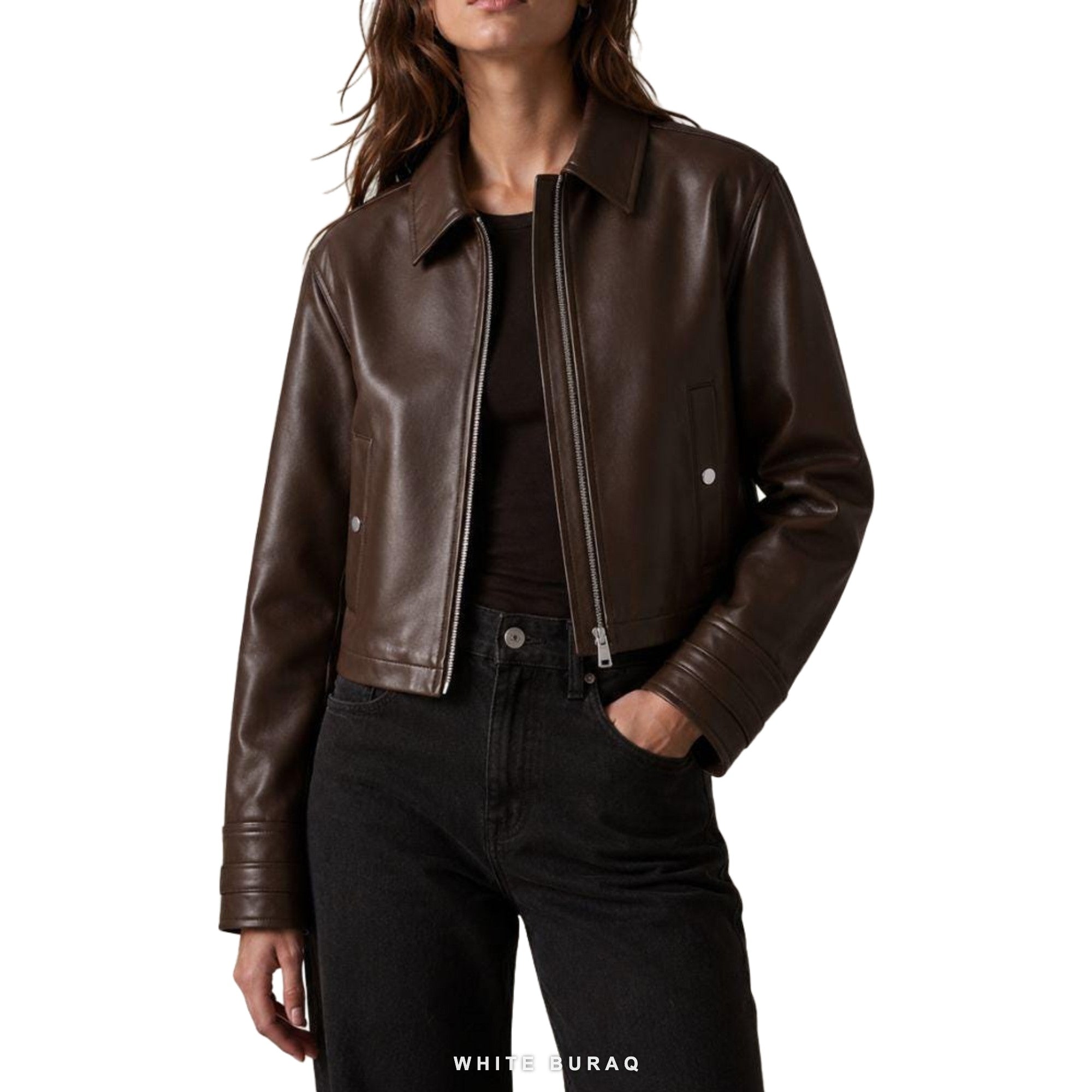 Women's Dark Brown Sheepskin Cropped Cafe Racer Jacket – view 3