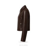 Women's Dark Brown Sheepskin Cropped Cafe Racer Jacket – view 6